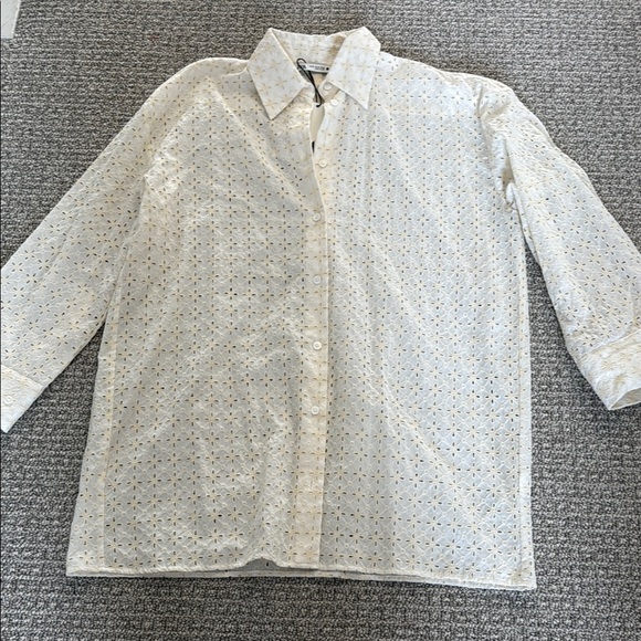 New Zara Oversized EyeLet Lace Button Shirt Blouse Top XS Ivory - Picture 1 of 9